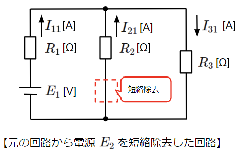 元の回路から電源E2を短絡除去した回路